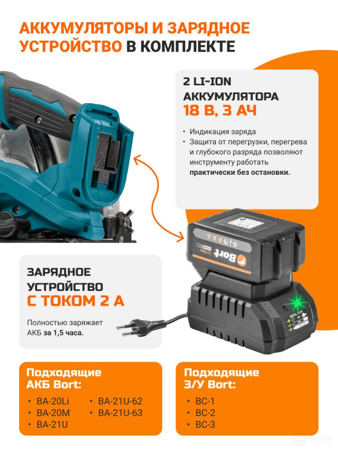 Circular cordless saw BORT BHK-21Li-185 (2*3.0 Ah + battery)