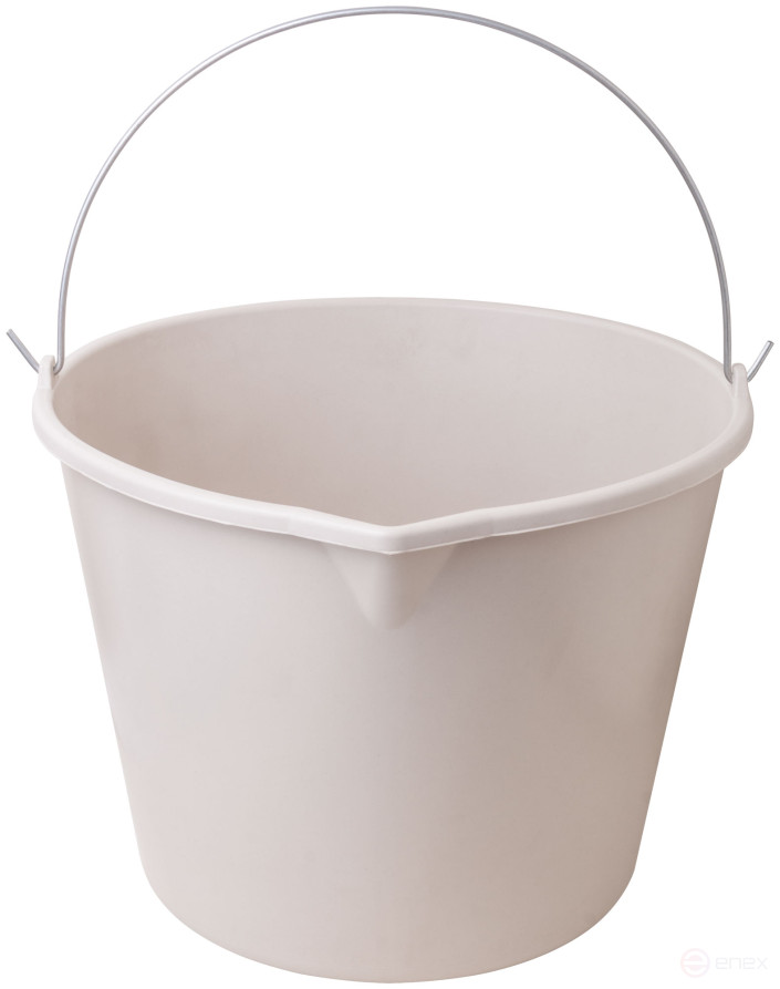 Plastic elastic construction bucket for mixing mortar with a 20 l spout
