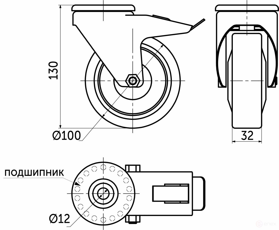 Wheel meb. d100 h130 for screw M12 with cut.rim with torm., grey/black AKS