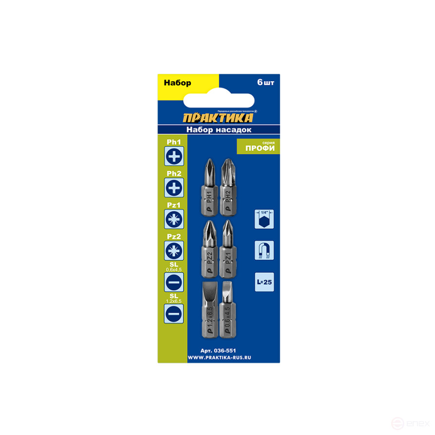 Set of PRACTICE "Profi" bits 6 pcs PH1,2; PZ1,2; SL 2 pcs x 25mm, blister (036-551)