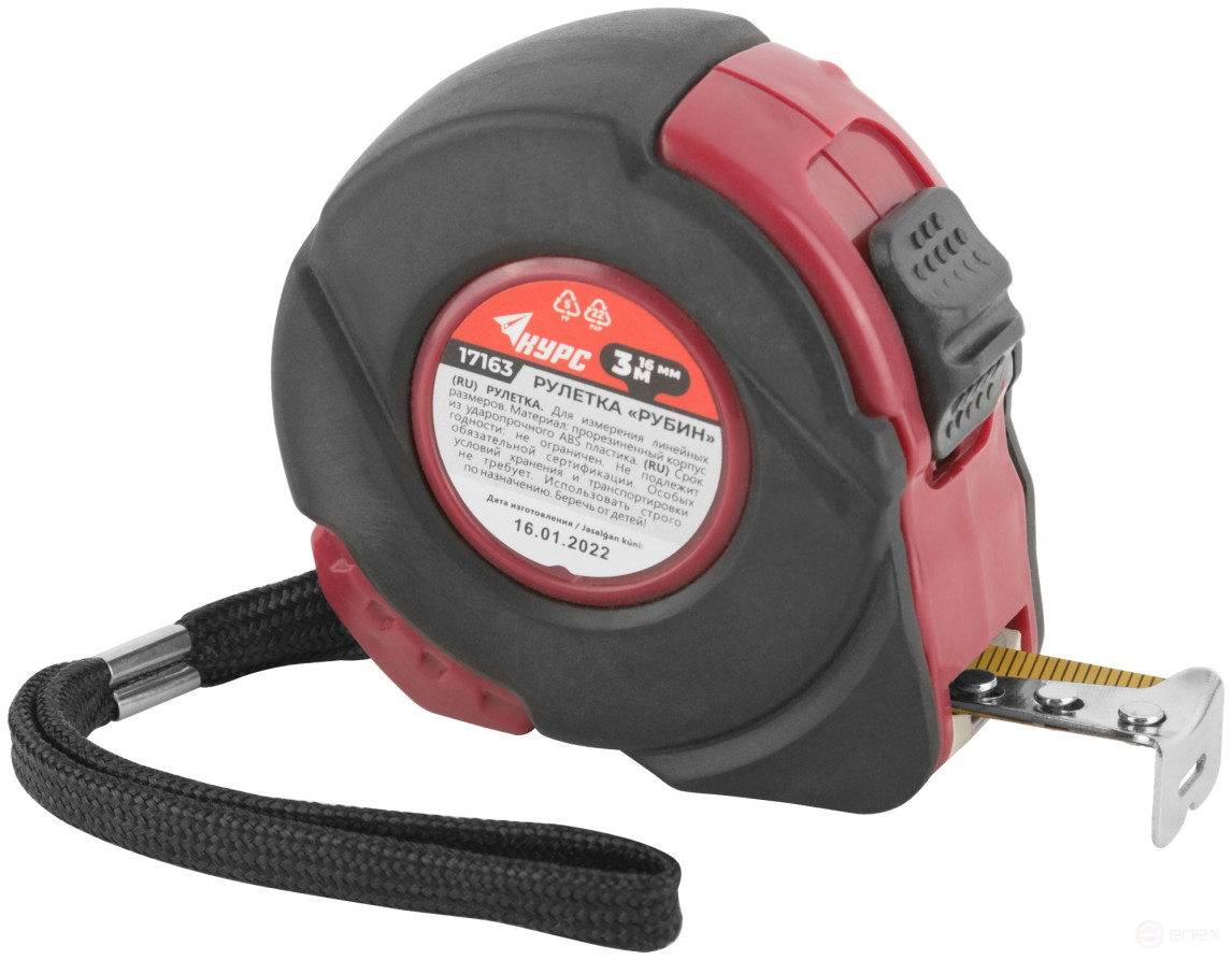 Рулетка прорезиненный корпус "Рубин" 3 м x 16 мм