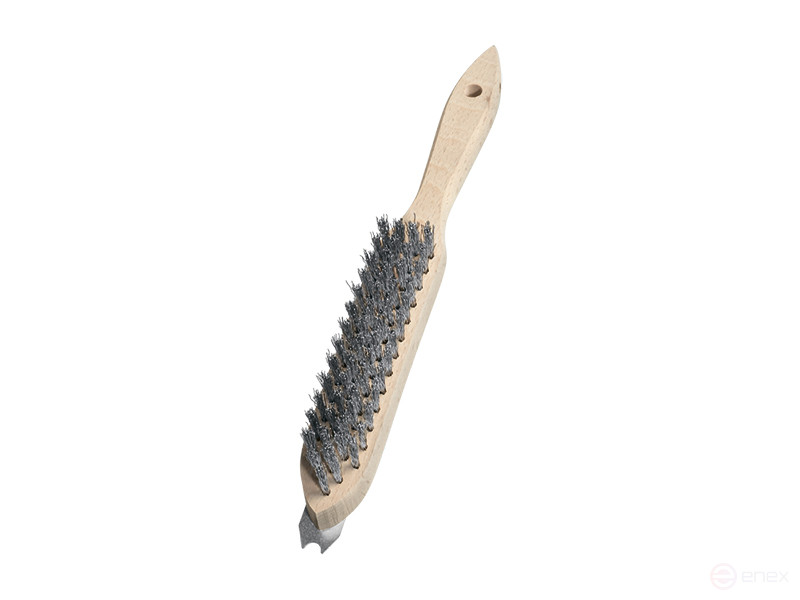 Manual brush with round scraper for cleaning BBQ grill, 4 row, stainless steel wire ROF straight 0.35 mm, pile height 25 mm