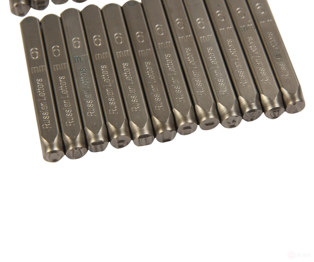 The stamps are letter Cyrillic letters of 6mm (HRC 60+-2 degrees. DIN 1451) JTC