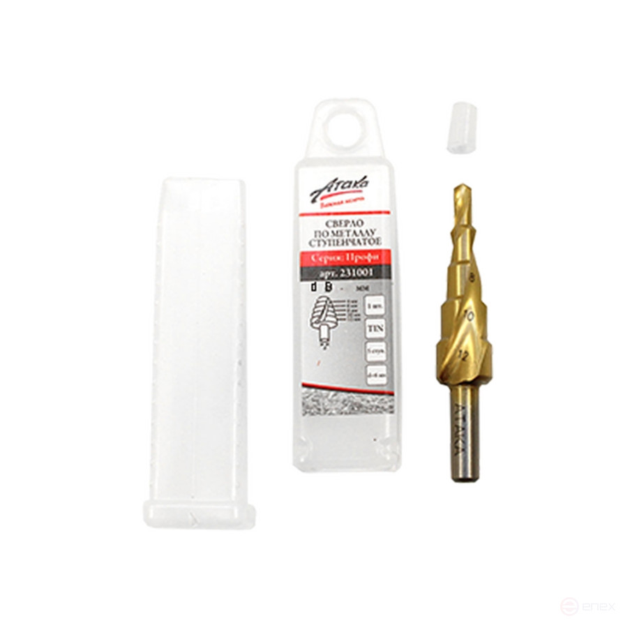 The metal drill bit is stepped 4-12 mm*5 steps. Titan Pro Attack