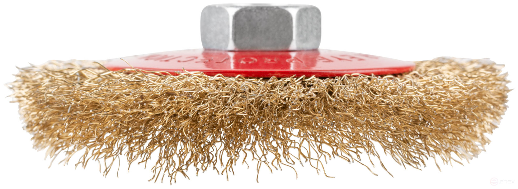 Корщетка-колесо с наклоном, гайка М14, стальная латунированная волнистая проволока 100 мм, блистер