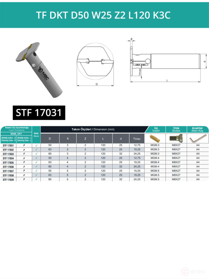Фреза корпусная T-образная D50 мм, 2 зуба TF DKT D50 W25 Z2 L120 K3C / пластина MGMN300