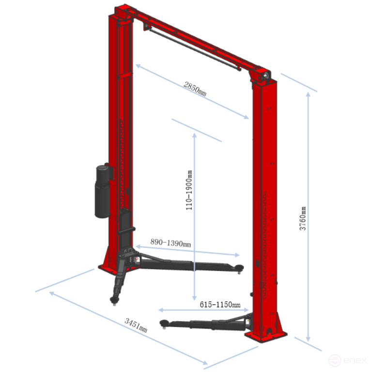Electrohydraulic lift 4t 110-1900mm 2-rack 380V top.synchron. (manual descent) GTE