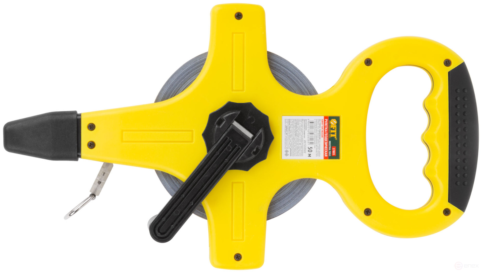 Geodetic tape measure, steel tape, yellow open plastic case, rubberized handle 50 m