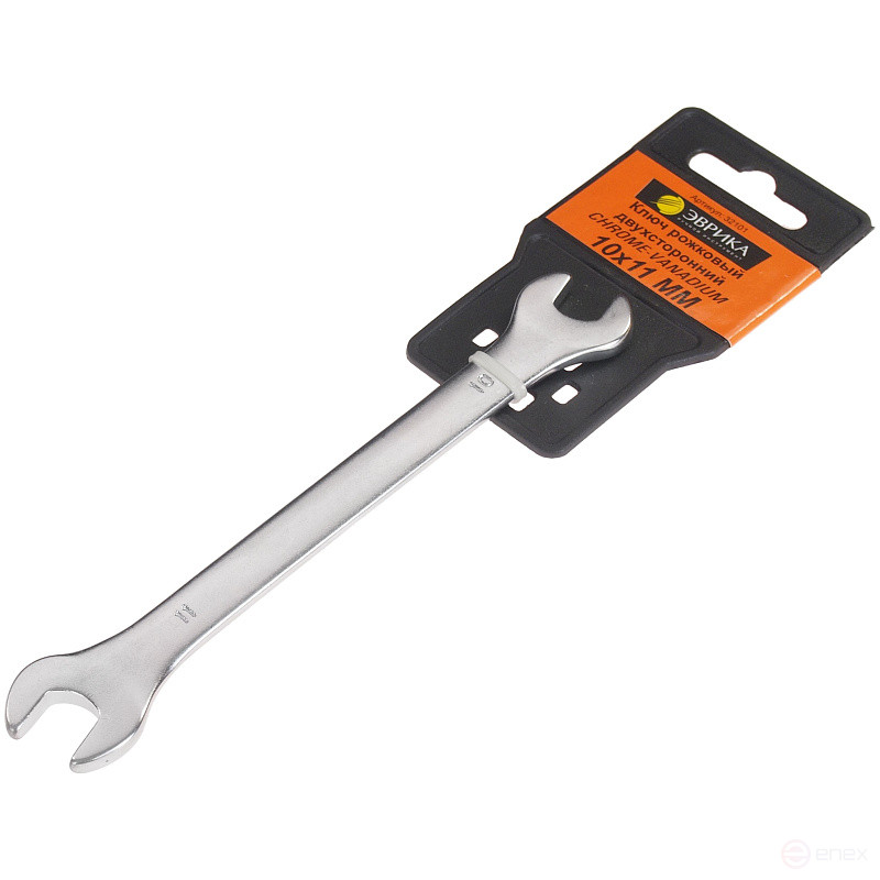 Ключ рожковый 10х11мм ER-32101 (Chrome vanadium) на держателе сатинированный ЭВРИКА 1/25