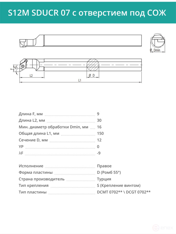 S12M SDUCR 07 with COOLANT hole internal turning boring cutter right, 12 mm / plate DCMT 0702**