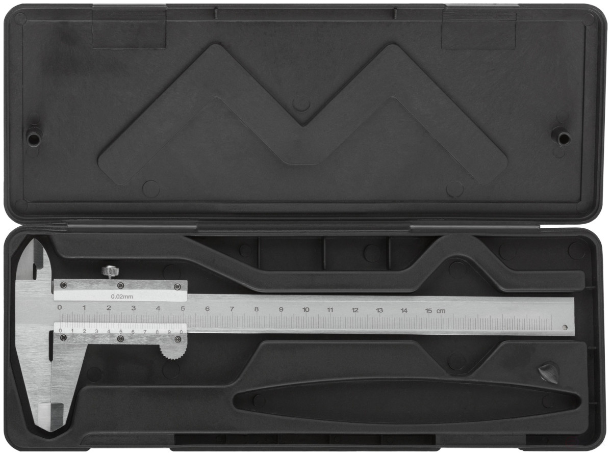 Metal chrome-plated caliper 150 mm/ 0.02 mm (plastic case)