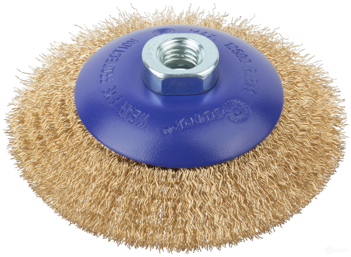 Щетка для УШМ, М14, тип "Тарелка", латун. витая проволока 0,3 мм, 115 мм, блистер, CUTOP Profi