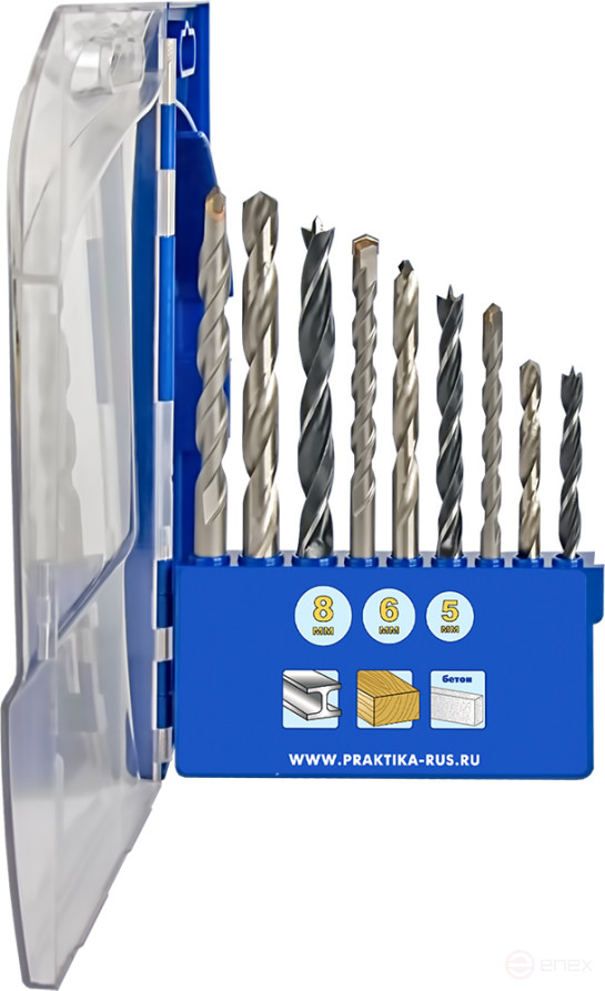 Набор сверл комбинированный ПРАКТИКА "Профи", 9 шт, металлу/бетону/дереву 5,6,8 мм ПРО (640-384)