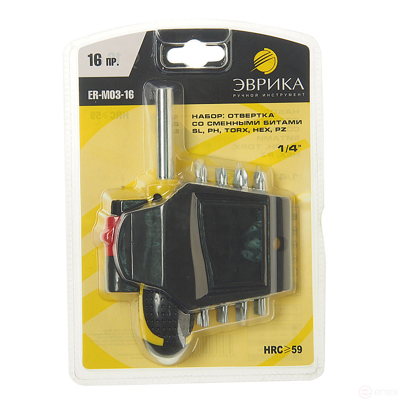 Отвертка-вороток с набором бит и держателем ER-M03-16 1/4" SL0.8х4,SL1x5, SL1.3x6;PH0-2;TORX T10-T25;HEX H4-H6,PZ0-2 16 предметов ЭВРИКА /1/6/36