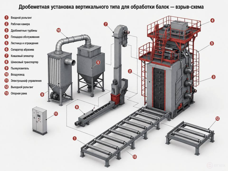 Дробеметная установка вертикального типа для обработки балок Вертикальный 0.8х2,2-8МД