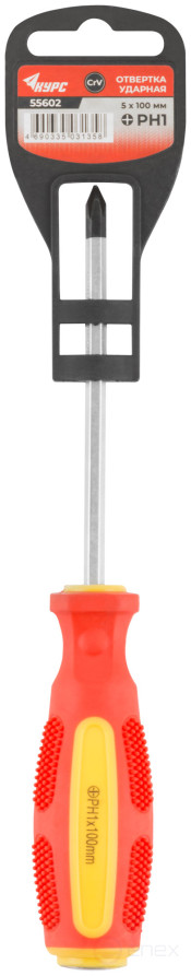 Impact screwdriver, CrV steel, hexagonal end-to-end tip with firing pin, rubberized handle 5x100 mm PH1