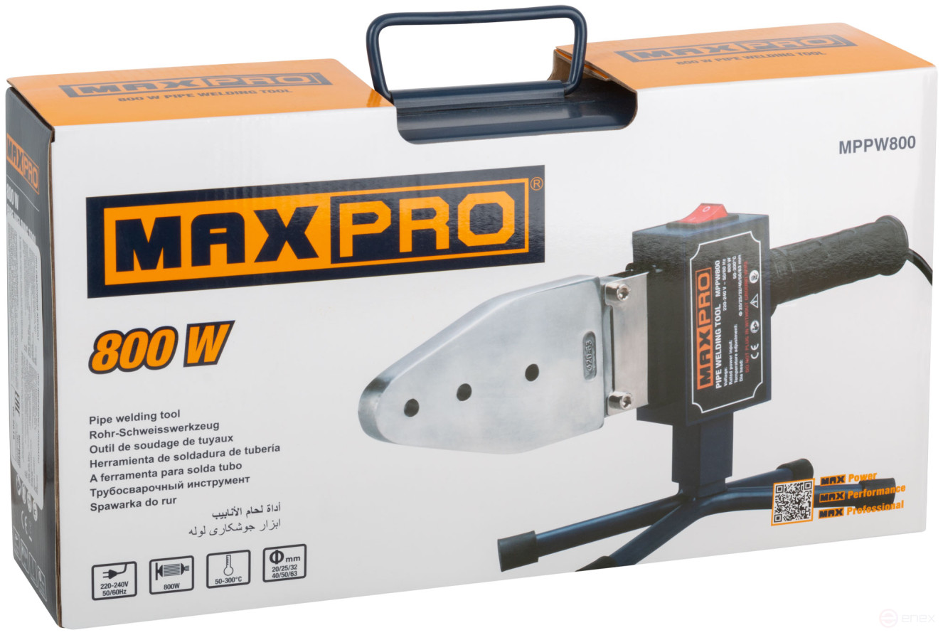 MAX-PRO Аппарат сварочный для пластиковых труб 800 Вт; 50-300℃; диаметры труб 20/25/32/40/50/63 мм; 0,9 кг; металлический кейс
