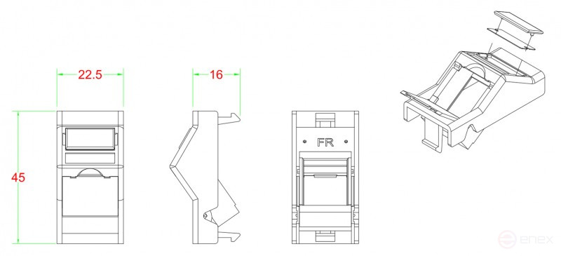 SIP2A-1K-M45-22.5 Вставка угловая 45x22.5 (аналог Mosaic) для 1 модуля формата Keystone Jack, со шторками, ROHS, белая
