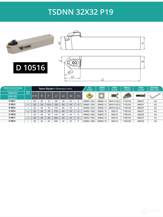 TSDNN 32X32 P19 neutral turning tool 32x32 mm / 19 mm plate, SNMG 1906**