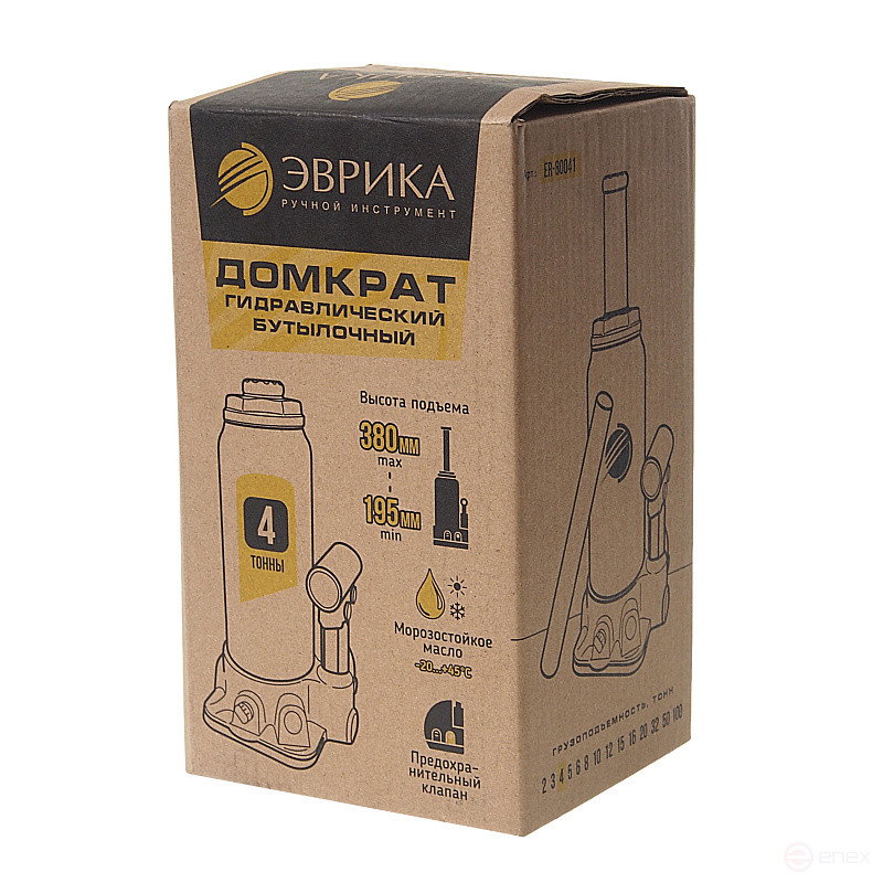 Домкрат гидравлический ER-80041 бутылочный с клапаном 4т, ремкомплект (выс. подъема 195-380мм) ЭВРИКА /1/5