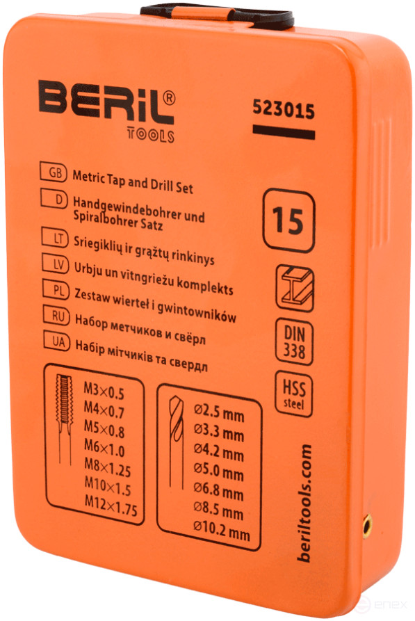 Set of taps M3-M12 with a collar and drills 2,5-10,2mm 15pr.(metal/f) BERIL
