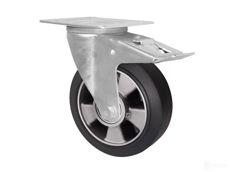 Колесная опора д.200 мм промышленная поворотная с тормозом с панелью крепления черная резина