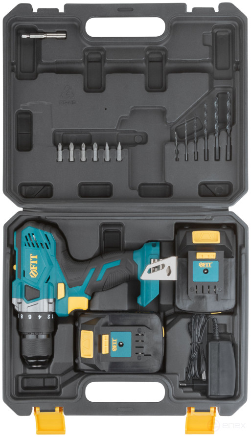 Acc power drill. 20 V; 0-400/1400 rpm; 40 Nm; 2 (Li-Ion) 2.0 Ah; 1.25 h.; Res. tilt; case