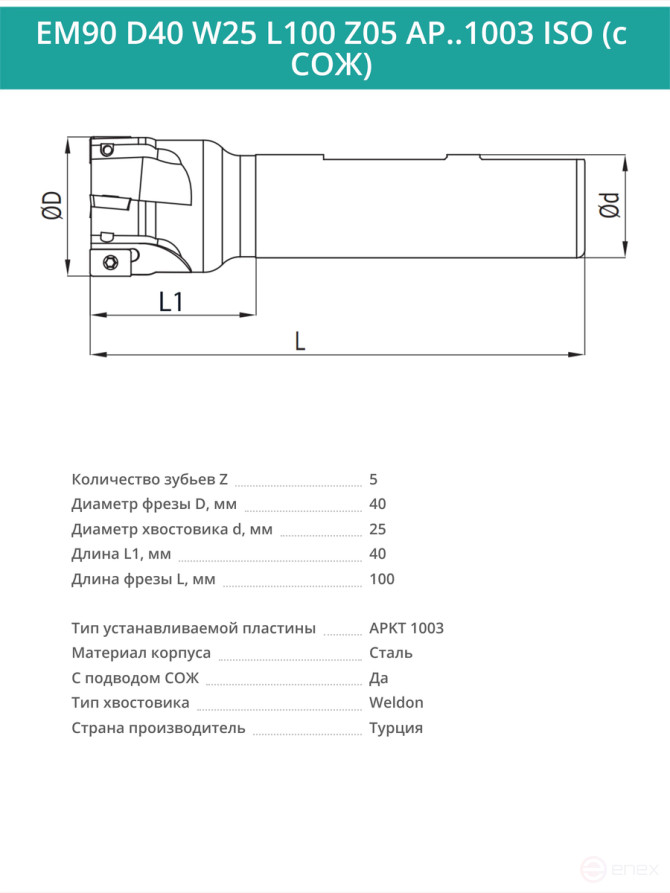 Концевая фреза корпусная 40 мм, 5 зубьев, L 100 мм / EM90 D40 W25 L100 Z05 AP..1003 ISO (с СОЖ)