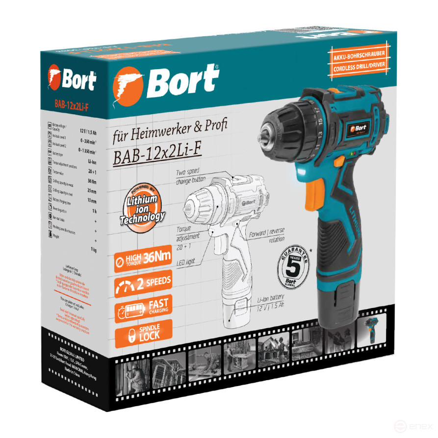 Cordless screwdriver drill BORT BAB-12x2Li-F (1x1.5 Ah)