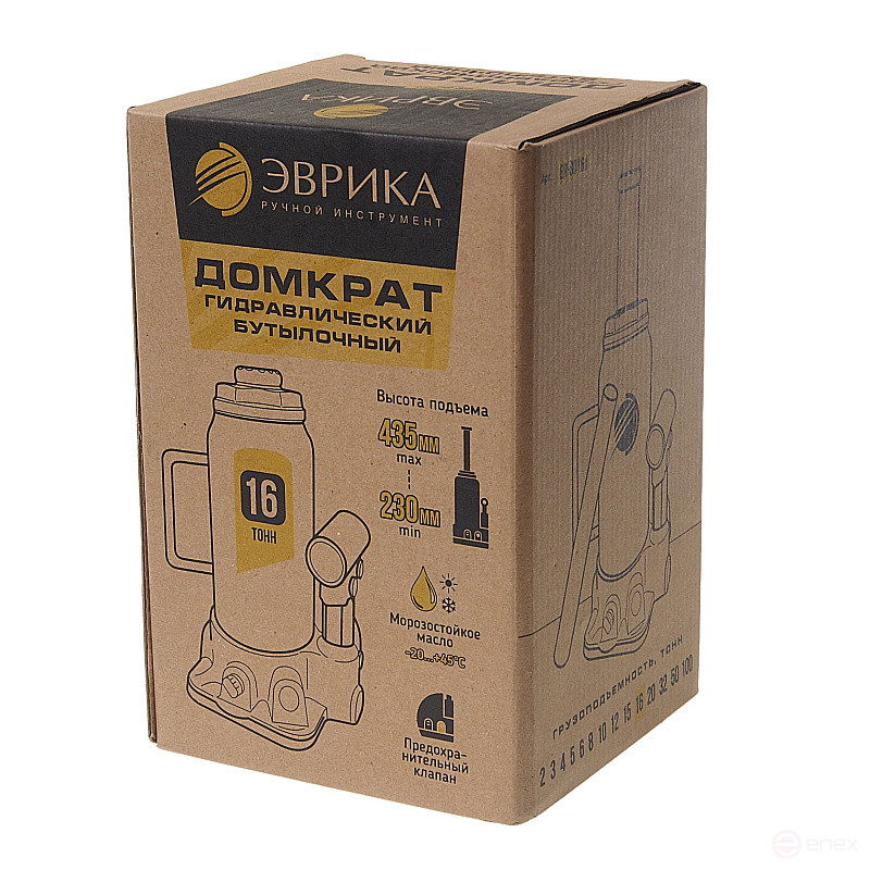 Домкрат гидравлический ER-80161 бутылочный с клапаном 16т, ремкомплект (выс. подъема230-435мм) ЭВРИКА /1/2
