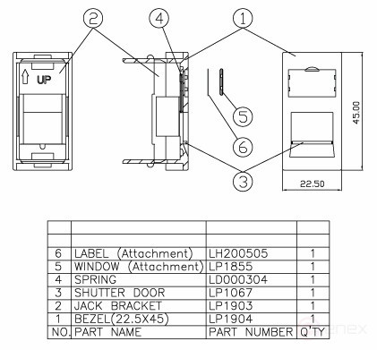 SIP2-1K-M45-22.5 Insert 45x22.5 (analog Mosaic) for 1 Keystone Jack format module, with curtain
