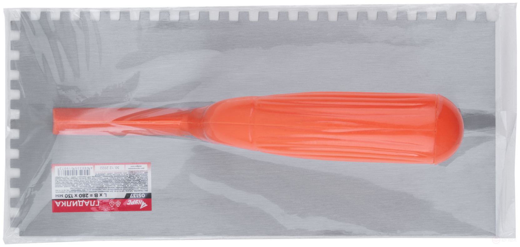 Гладилка стальная с пластиковой ручкой, 280х130 мм зубчатая, зуб 6х6 мм