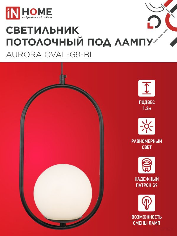 Светильник подвесной под лампу AURORA OVAL-G9-BL 1хG9 матовый плафон, черный корпус IN HOME
