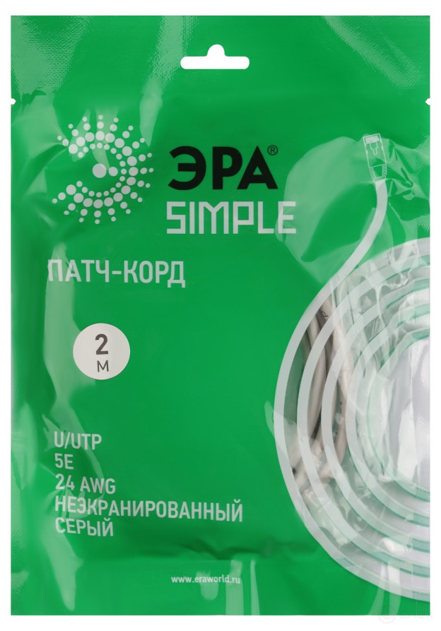 PC-2U-A Патч корд ЭРА SIMPLE U/UTP неэкранированный 2 м, категория 5e, серый