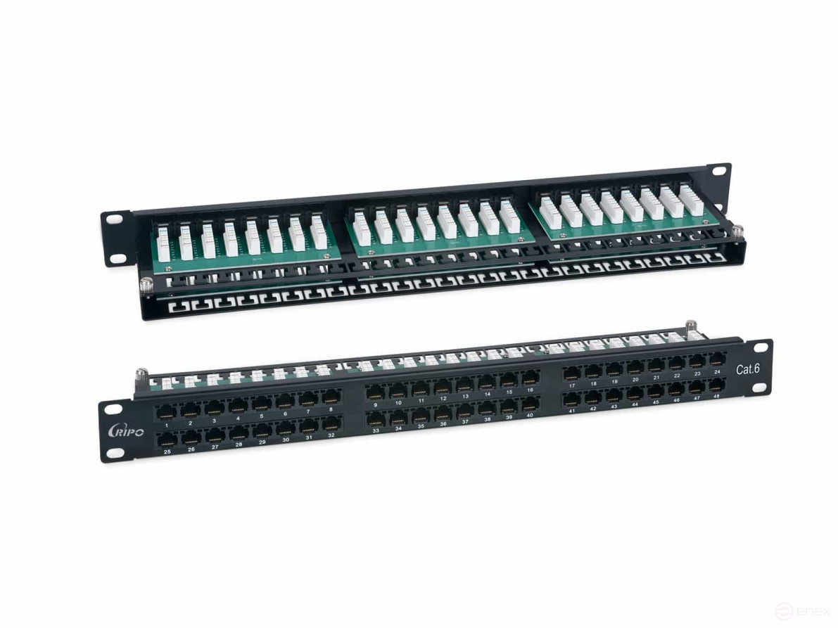 High-density Ripo Patch Panel 19", 1U, 48 RJ-45 ports, Category 5e, Dual IDC