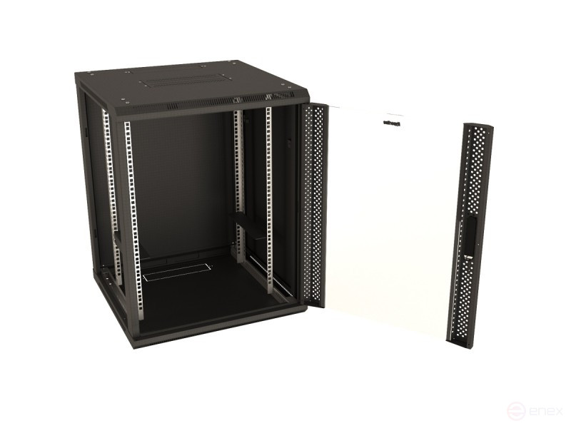 TWB-1545-GP-RAL9004 Wall cabinet 19-inch (19"), 15U, 775x600x450mm, glass door with perforation on the sides, handle with lock, color black (RAL 9004) (disassembled)