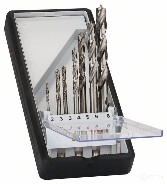 Набор из 7 спиральных свёрл по древесине Robust Line, шестигранный хвостовик 2; 3; 3; 4; 5; 6; 8 mm