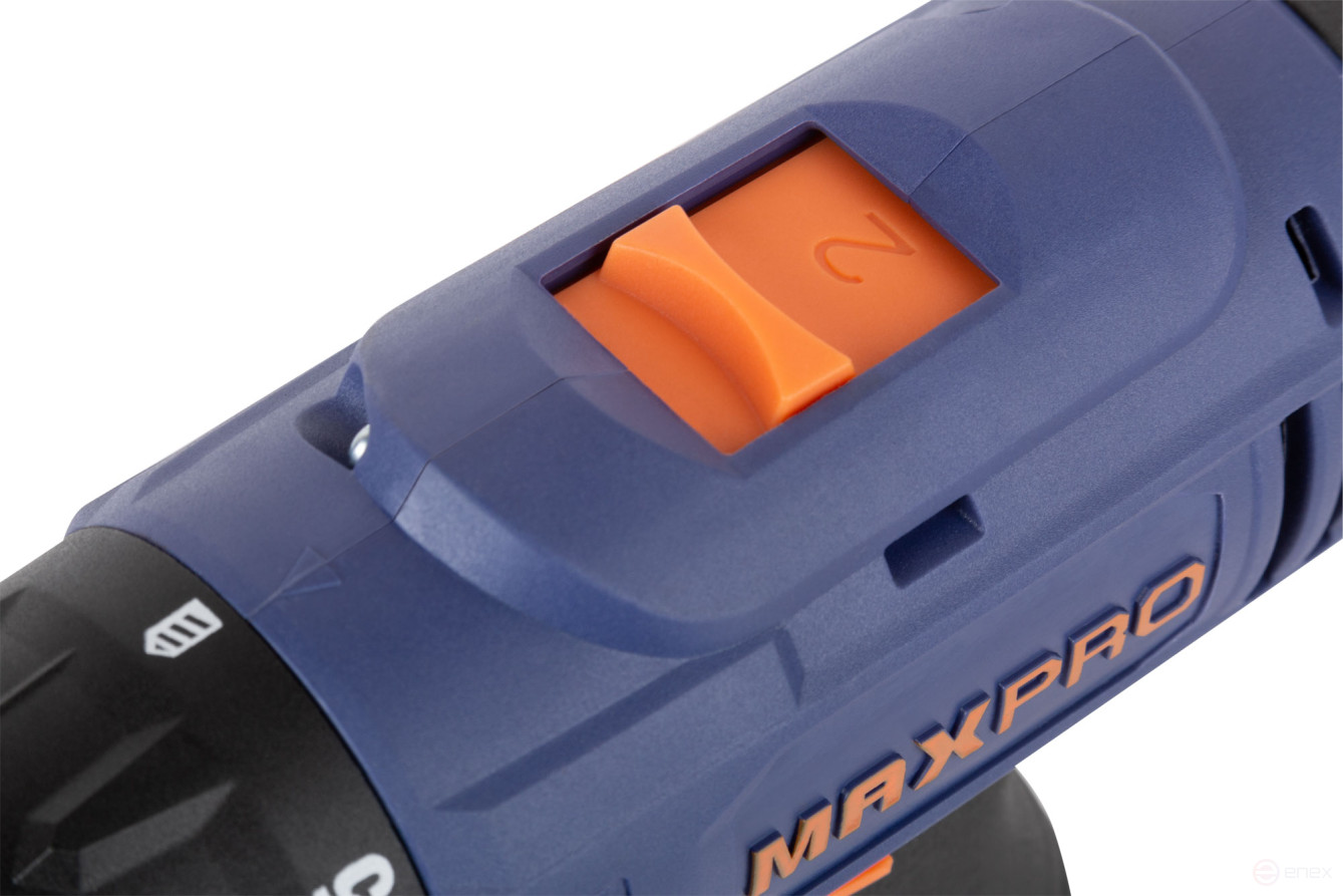 MAX-PRO Дрель-Шуруповерт аккумуляторная 18 В; 0-350/0-1250 об/мин; 10 мм; 30 Нм; 2 батареи (Li-Ion) х1,5 Ач; 15+1; 1 ч.; регулировка оборотов; резинов