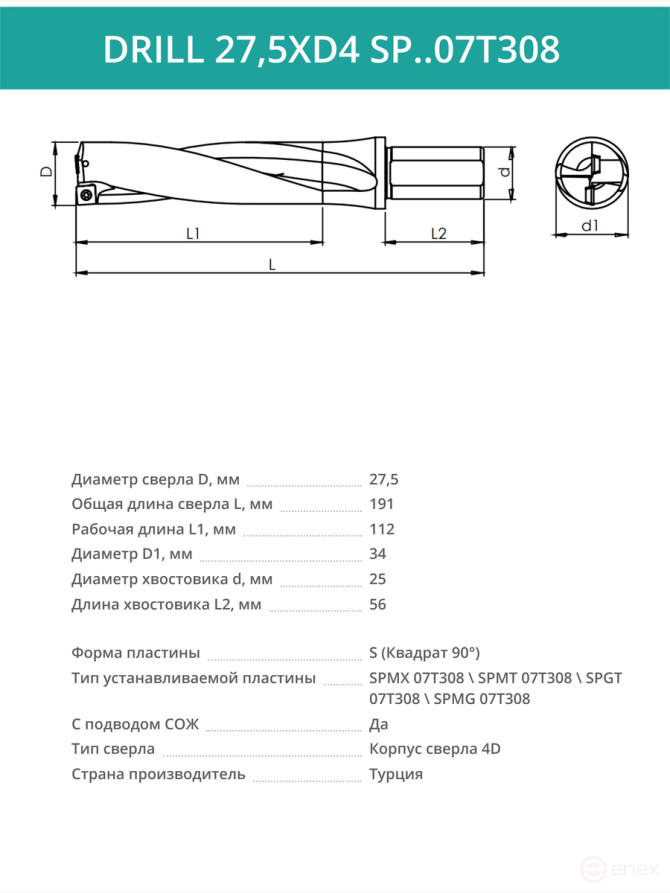 DRILL 27,5XD4 SP..07T308 сверло корпусное - 27,5 мм / пластина SPMX 07T308; SPMT 07T308