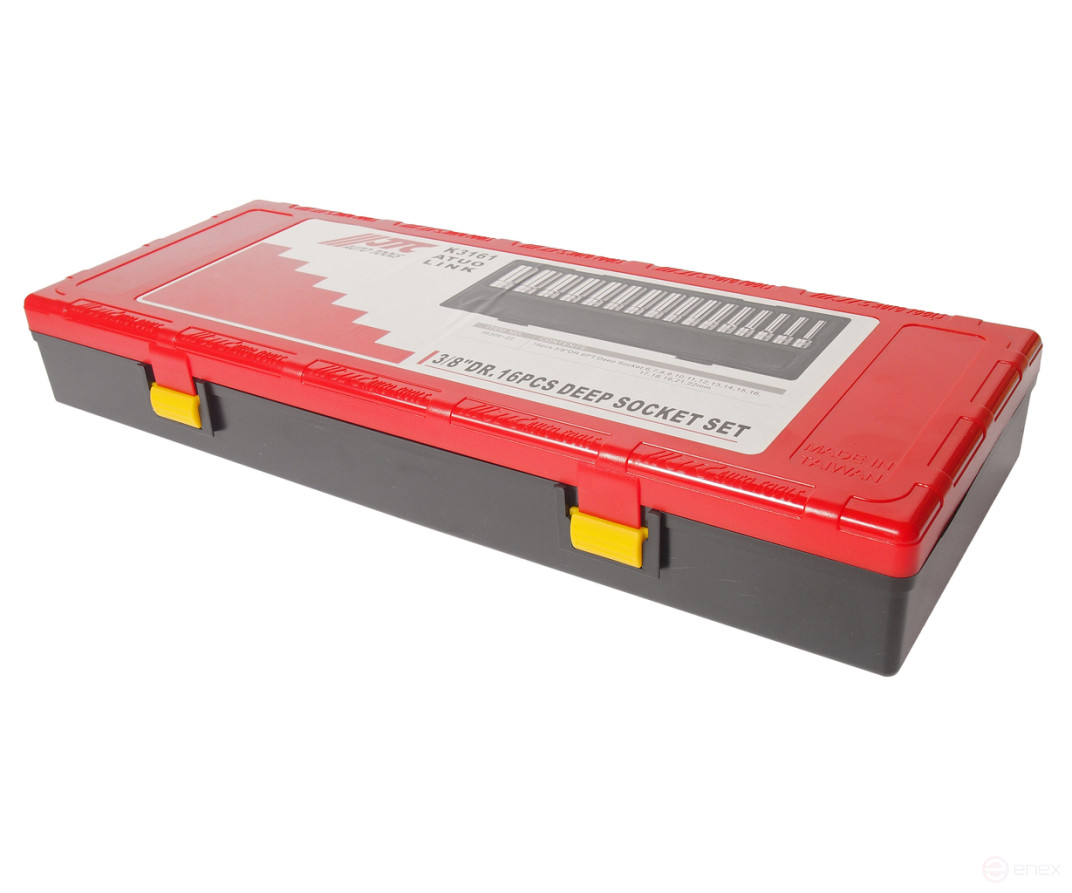 A set of 3/8" 6-sided 6-22mm deep 16-piece end heads in a JTC case