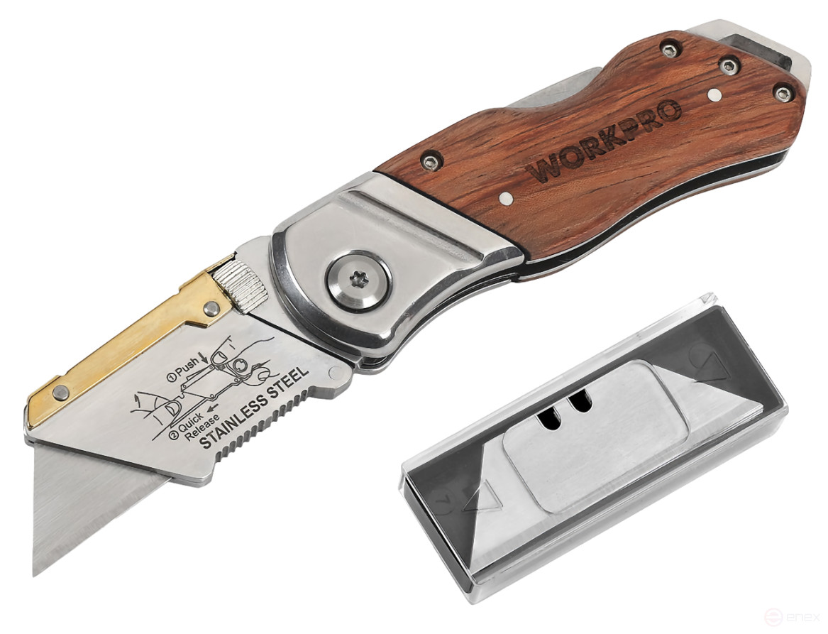 Universal Folding Knife with interchangeable blades and wooden handle WP211014 WORKPRO