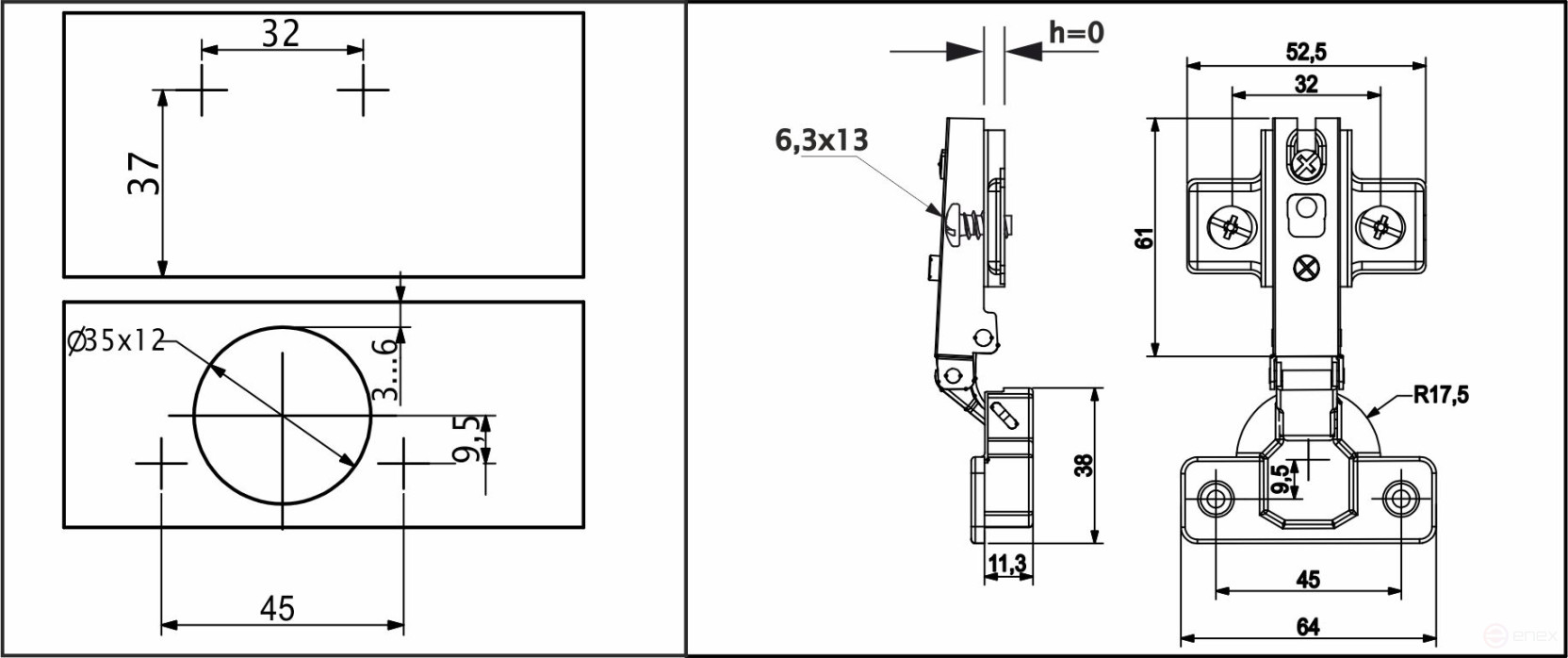 Overhead hinge with spring 45mm h0 slide-on AKS 55g (euro screws)