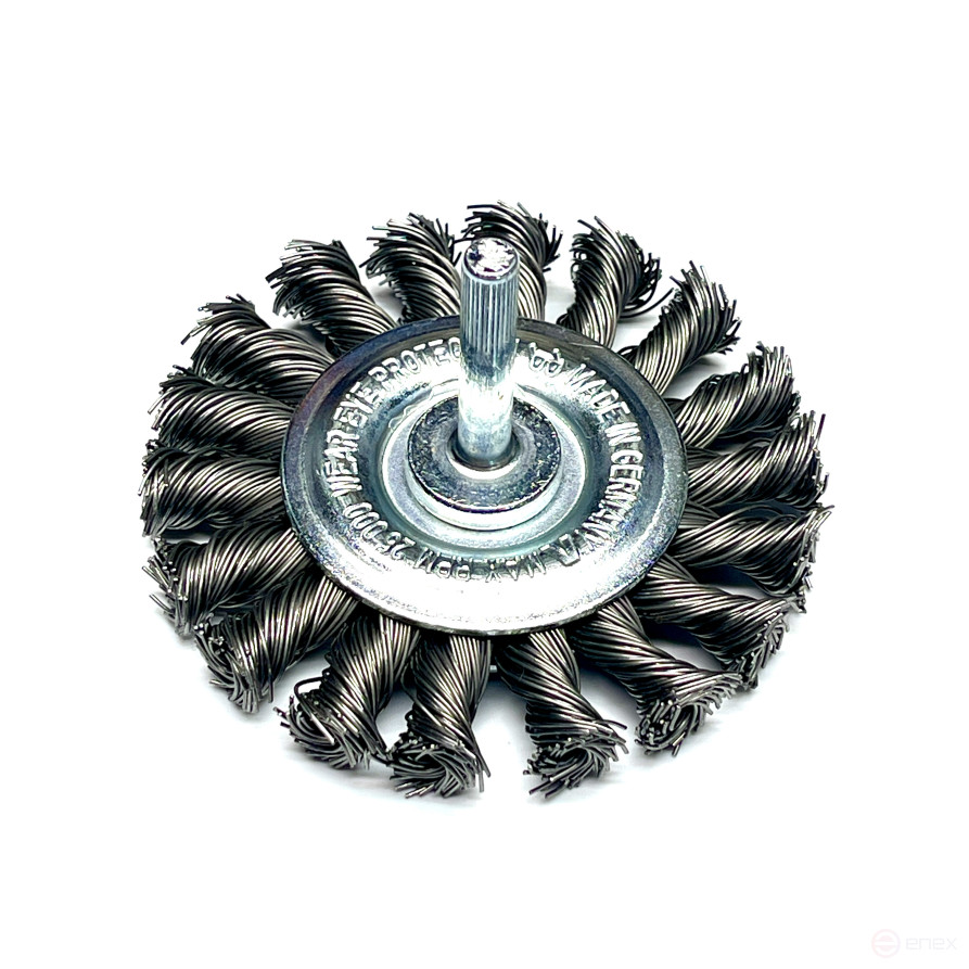 Щетка дисковая жгутовая, Д75*12 мм, хвостовик 6 мм, 18 жгутов, стальная гофрированная проволока STH 0,35 мм