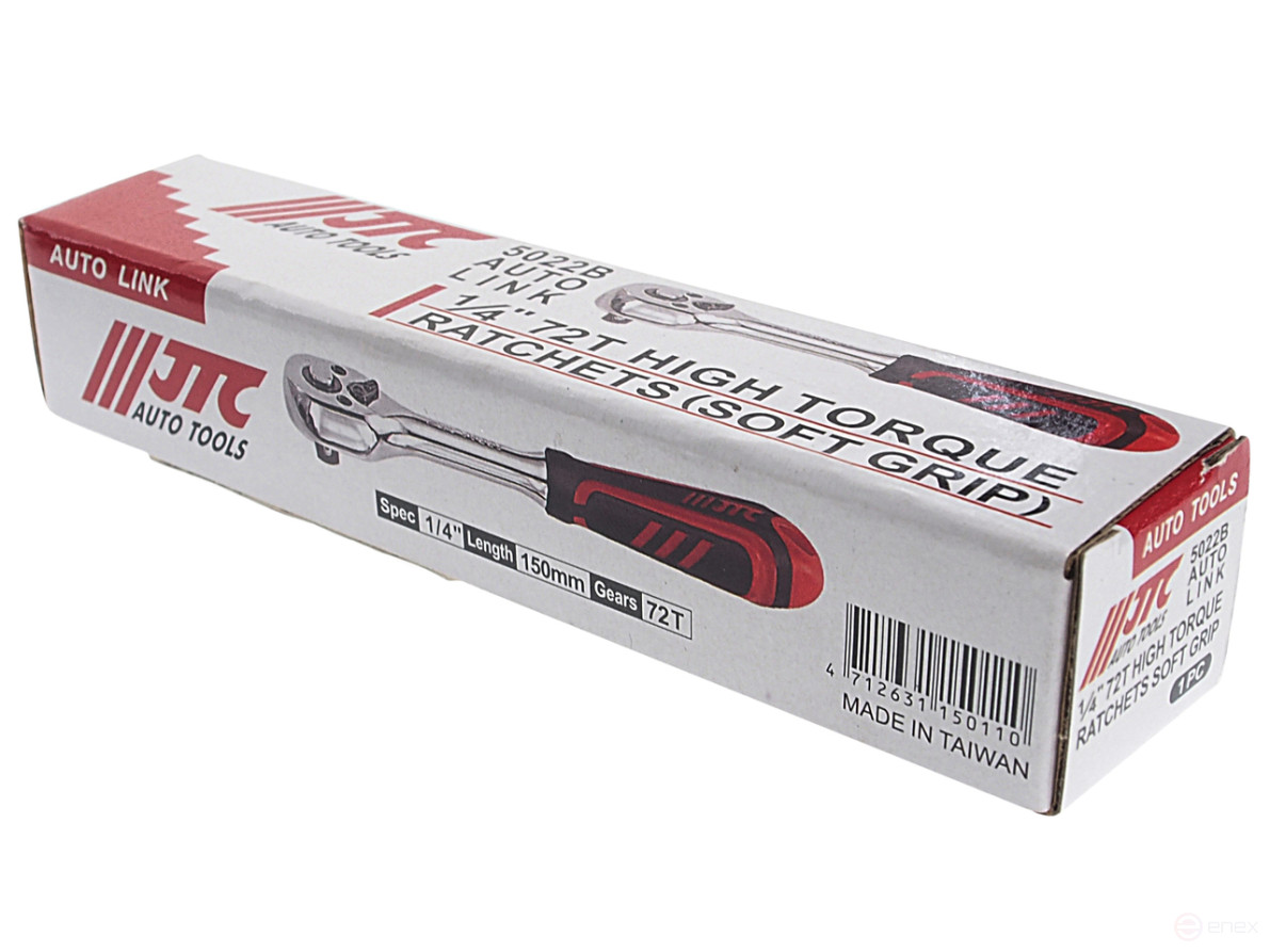 Ключ трещотка 1/4" 72 зуба 150мм с резиновой рукояткой JTC