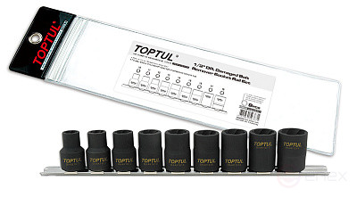 Set of heads for damaged bolts and nuts 1/2" 10-19 mm, 9 pieces on a TOPTUL GAAG0903 bar