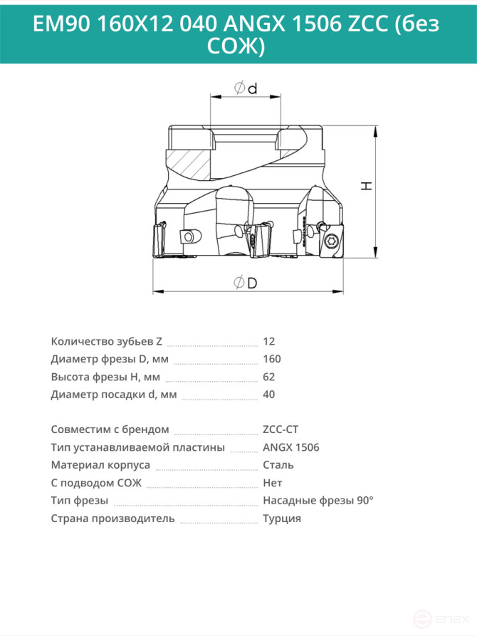 Фреза торцевая насадная 160 мм, посадка 40 мм, 10 зубьев EM90 160X12 040 ANGX 1506 ZCC (без СОЖ) под пластину ZCC-CT