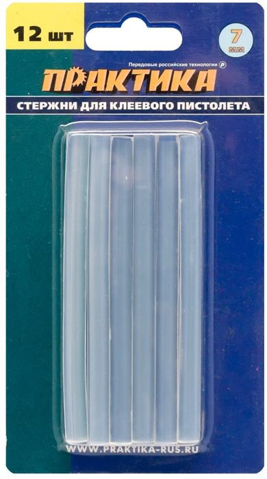 Клей для клеевого пистолета ПРАКТИКА белый, прозрачный, 7 х 100 мм, 12шт / блистер (641-572)