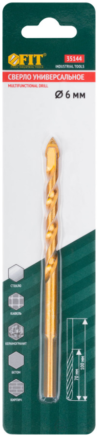 Сверло универсальное по кафелю, стеклу, керамограниту, бетону, кирпичу, трехгранный хвостовик, 6 х 100 мм