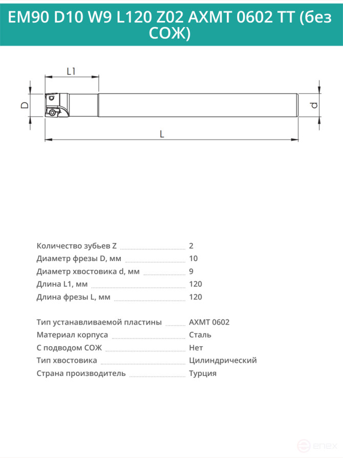 Концевая фреза корпусная 10 мм, 2 зуба, L 120 мм / EM90 D10 W9 L120 Z02 AXMT 0602 TT (без СОЖ)