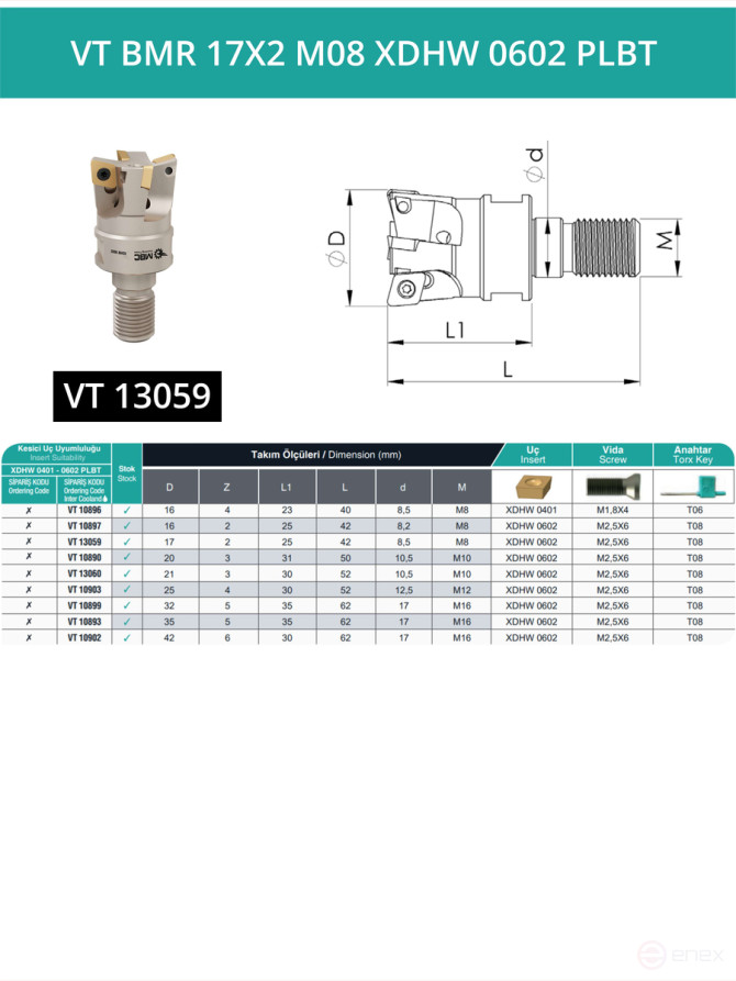 VT BMR 17X2 M08 XDHW 0602 PLBT Milling Replacement Head 17 mm with thread M8/ with coolant